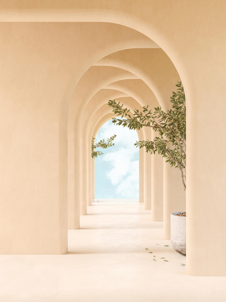 Mediterranean arches with path to blue skies representing a path to recovery from depression.